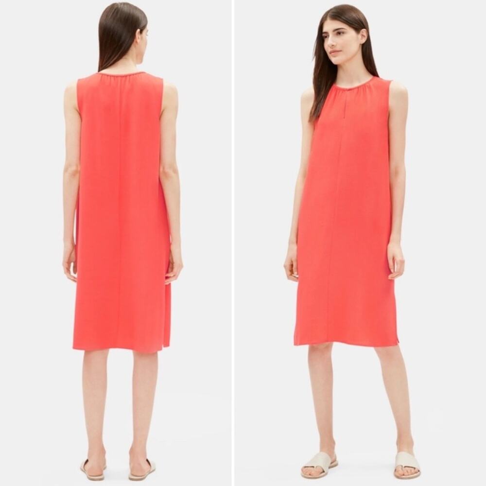 Eileen Fisher Coral Shift Dress Knee Length Sleeveless Tent Flowy Size XS $258